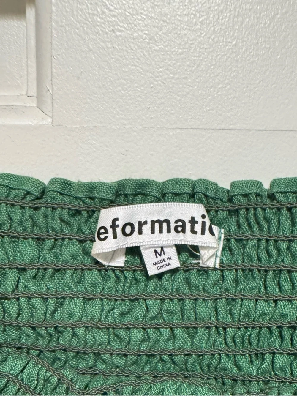 Reformation Greyson Green Smocked Square-Neck Linen Mini Dress with Puff Sleeves - Picture 5 of 7